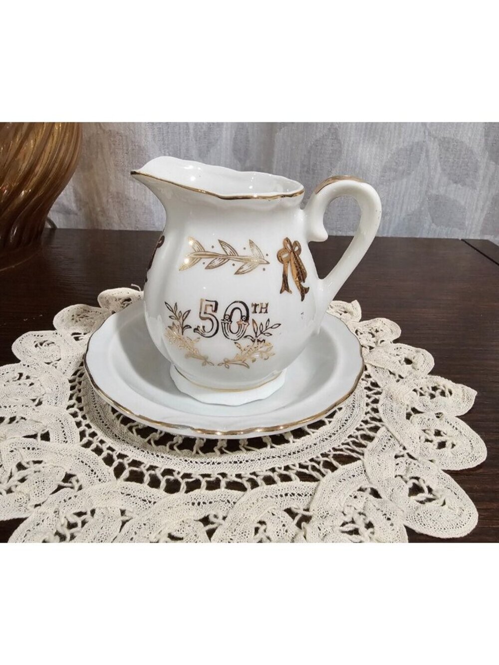 Vintage Lefton 50th Anniversary Small Pitcher & Bowl  Gold Trim # 4934 Japan